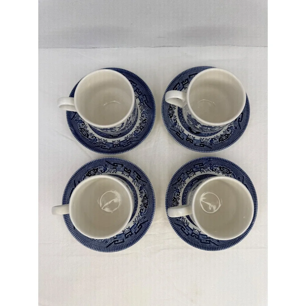 Churchill Blue Willow Tea Cups and‎ Saucers Set of 4 Made in England Blue White